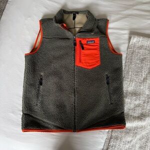 Patagonia Retro-X Green Orange Mens Sz Large Deep Pile Full Zip Up Vest Hunt Ski